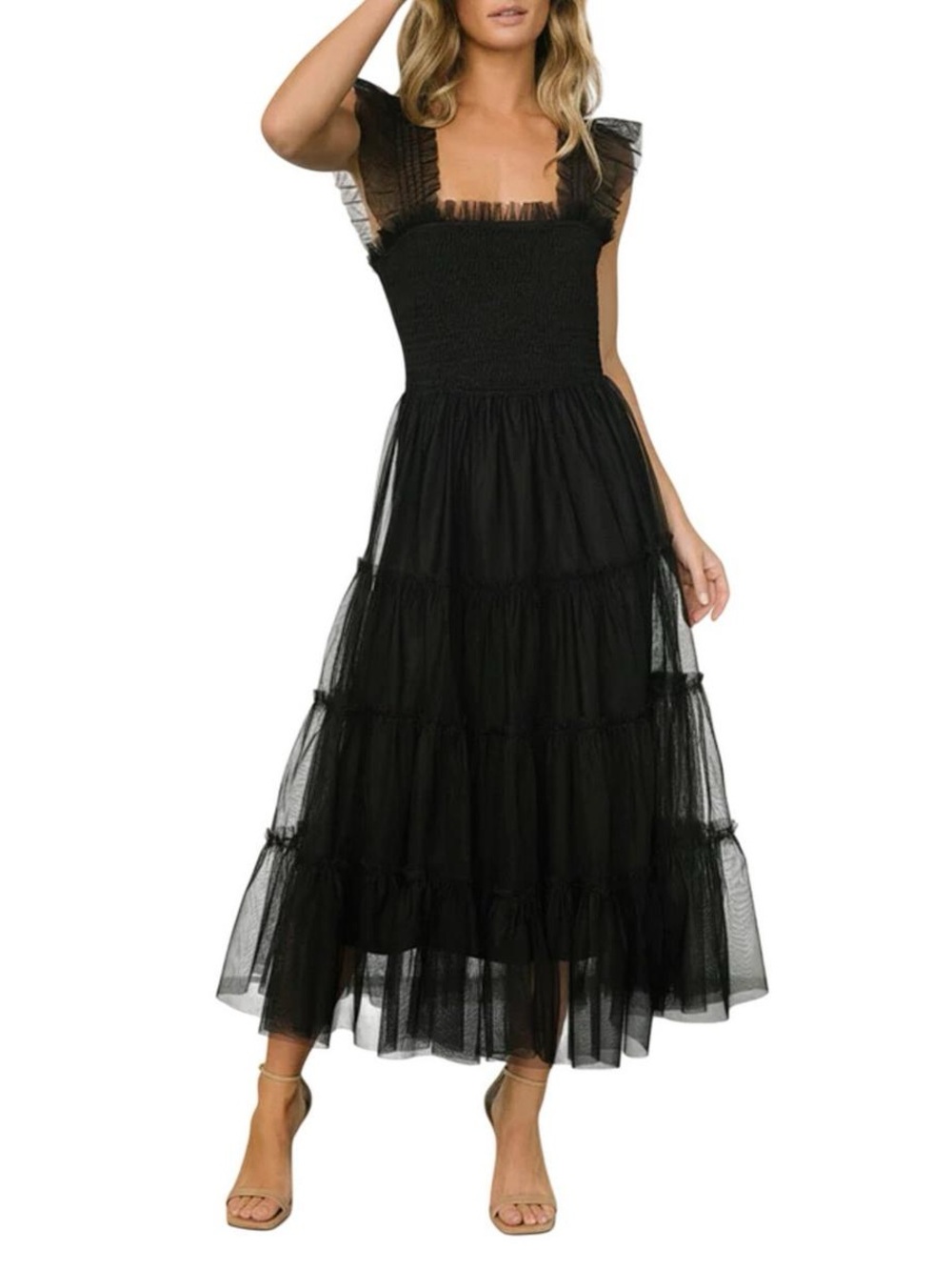 Baltic Born Black Tiered Tulle Midi Dress - Picture 2 of 8